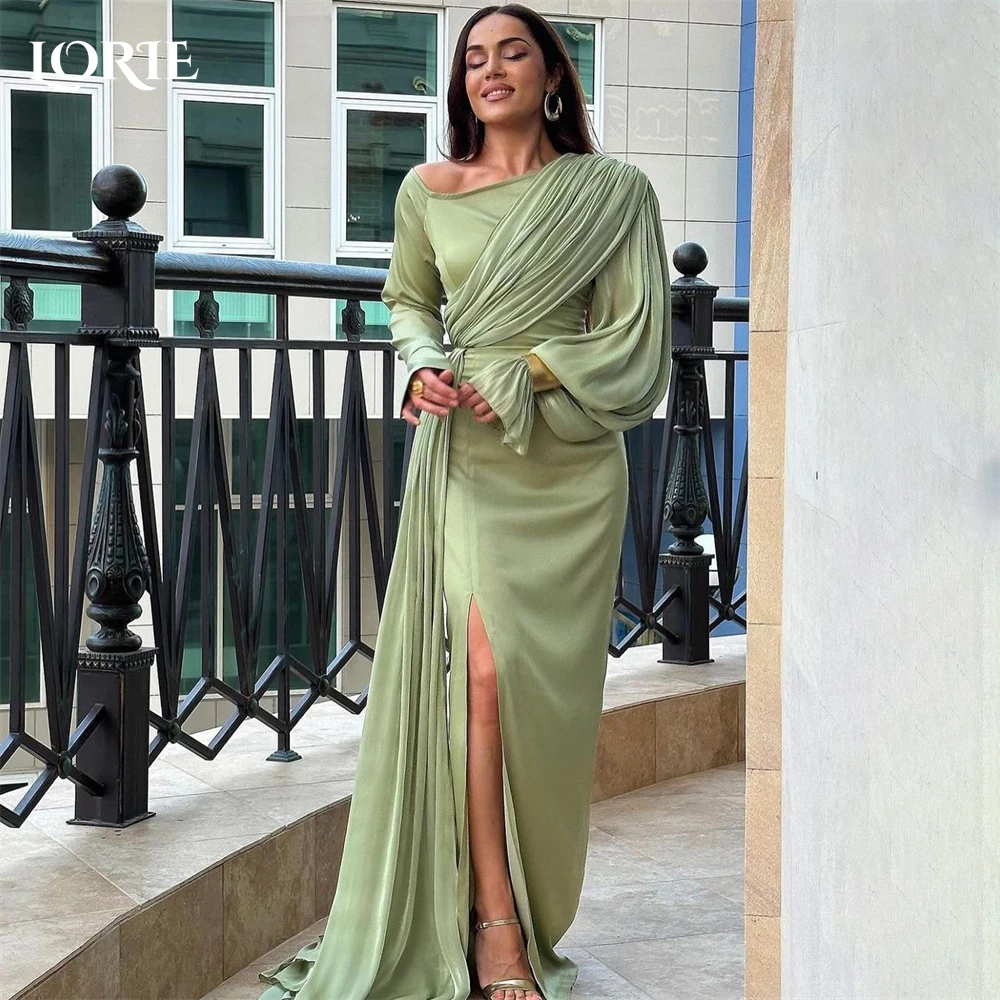 LORIE Light Green Mermaid Evening Dresses Pleated Long Sleeves Side Slit Prom Dress Dubai Solid Wedding Party Gowns Customized