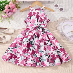 Summer Girls Cute Cool Breathable Flower Print Belt Decoration Sleeveless Pink Dress Princess Daily Leisure Birthday Party Dress