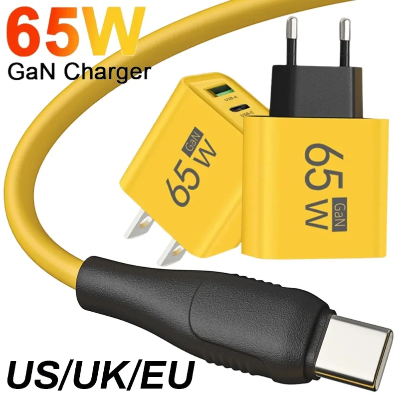 65W High-speed GaN Mobile Phone Chargers QC3.0 3 Ports USB Type C PD Phone Charger Adapter Type C Data Cables Set EU/US/UK