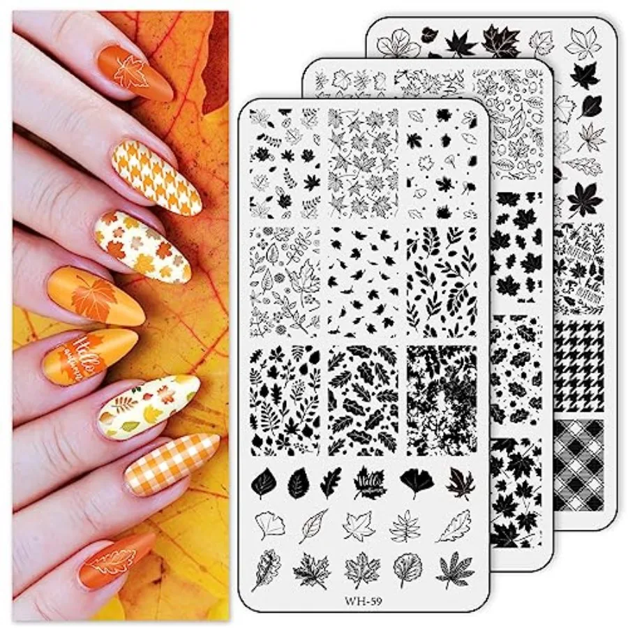 

3 Sheet Fall Thanksgiving Nail Art Stamping Plates Kit Assorted Maple Leaves Plaid Autumn Blessings Collection Nail Art Plate f