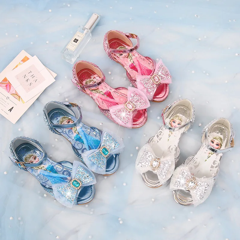 

Disney Girls Summer Sequined Princess Slippers - Frozen Elsa Party Dress Shoes | Leather Kids Slides & Flats, Sizes 22-35
