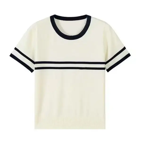 

Dalong Women's Unique Style Sweater Summer Non-Ball Knitwear round Neck Short Sleeve Striped Pattern Casual Comfortable Fit