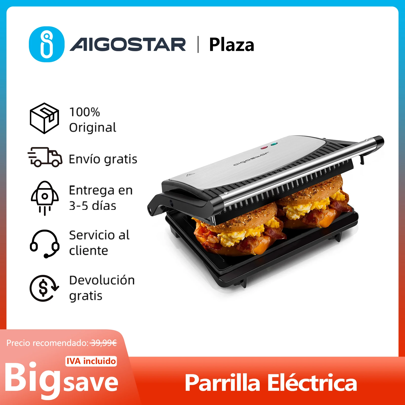 Electric Grill Panini Sandwich Machine 180 ° Opening Toaster with 23x14,3 cm Anti-stick Plates Cold Touch Handle Vertical Storage BPA Free