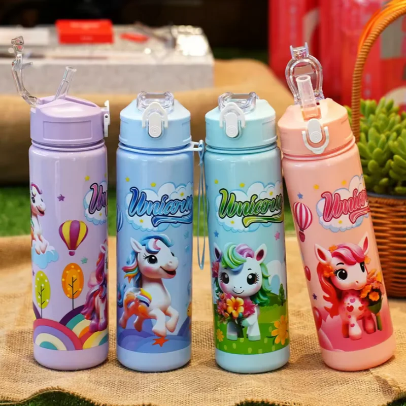 

Solid Color pony Water Bottle 750ML with Straw Cute Cartoon Water Cup for Kids camp Drink Bottle