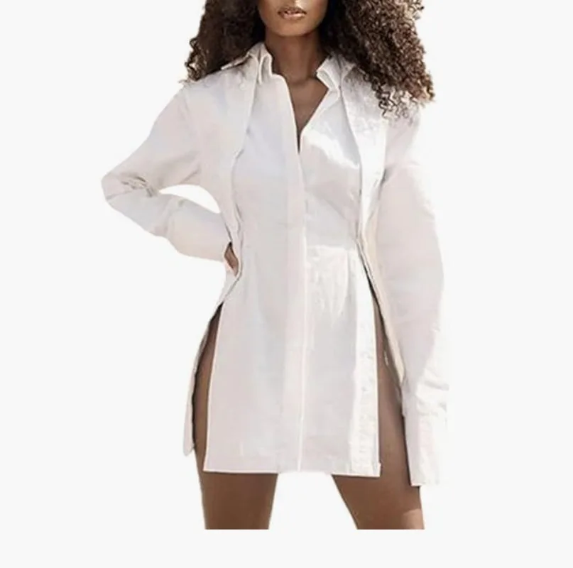 Frühlingsneues Damen-Hemd mit V-Ausschnitt, langärmeliges, langes Hemdoberteil mit Knopfleiste am Saum und geteiltem Ende