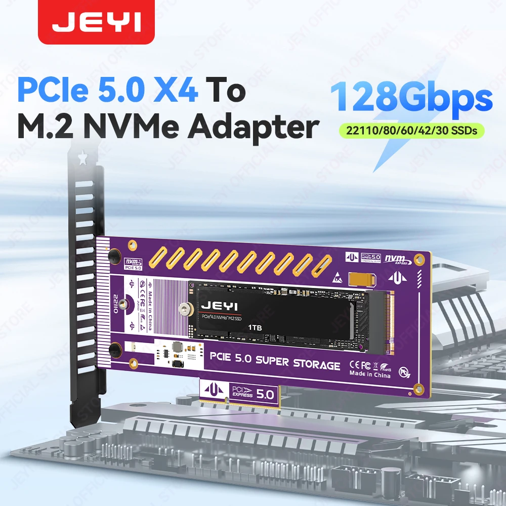 JEYI M.2 NVMe SSD to PCIe 5.0 Expansion Card 128Gbps Ultra Speed Supported X4/X8/X16 Slot Ready Support 22110/2280/60/42/30 SSDs