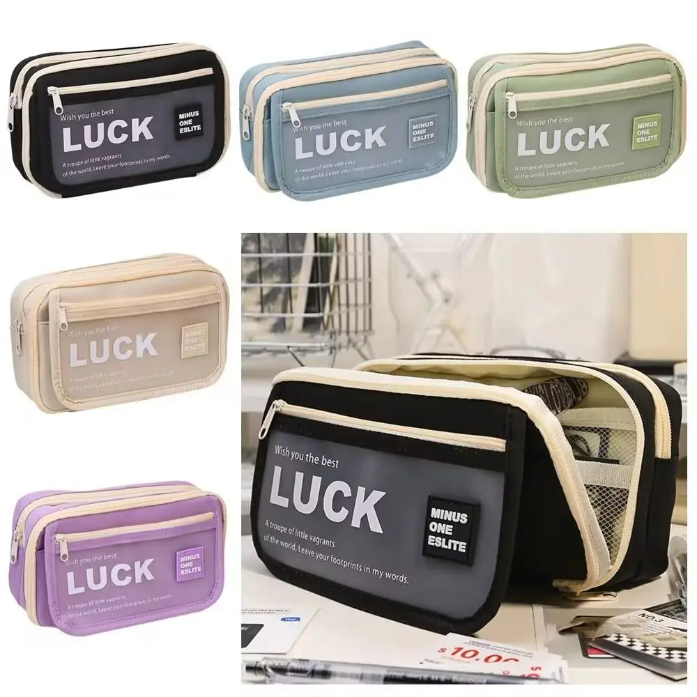 Large Capacity Translucent Pencil Case Multi-layer Matte Texture Translucent Pen Bag Lucky Flip Front Pocket Stationery Box