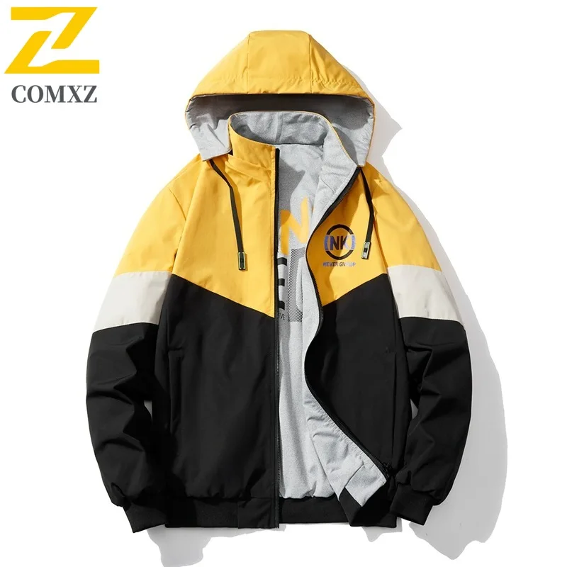 COMXZ 2025 في الهواء الطلق كتلة اللون زوجين مقنعين سترة العمل مقاوم للماء الرياضة عادية كم طويل سترة واقية للجنسين معطف مقاوم للماء