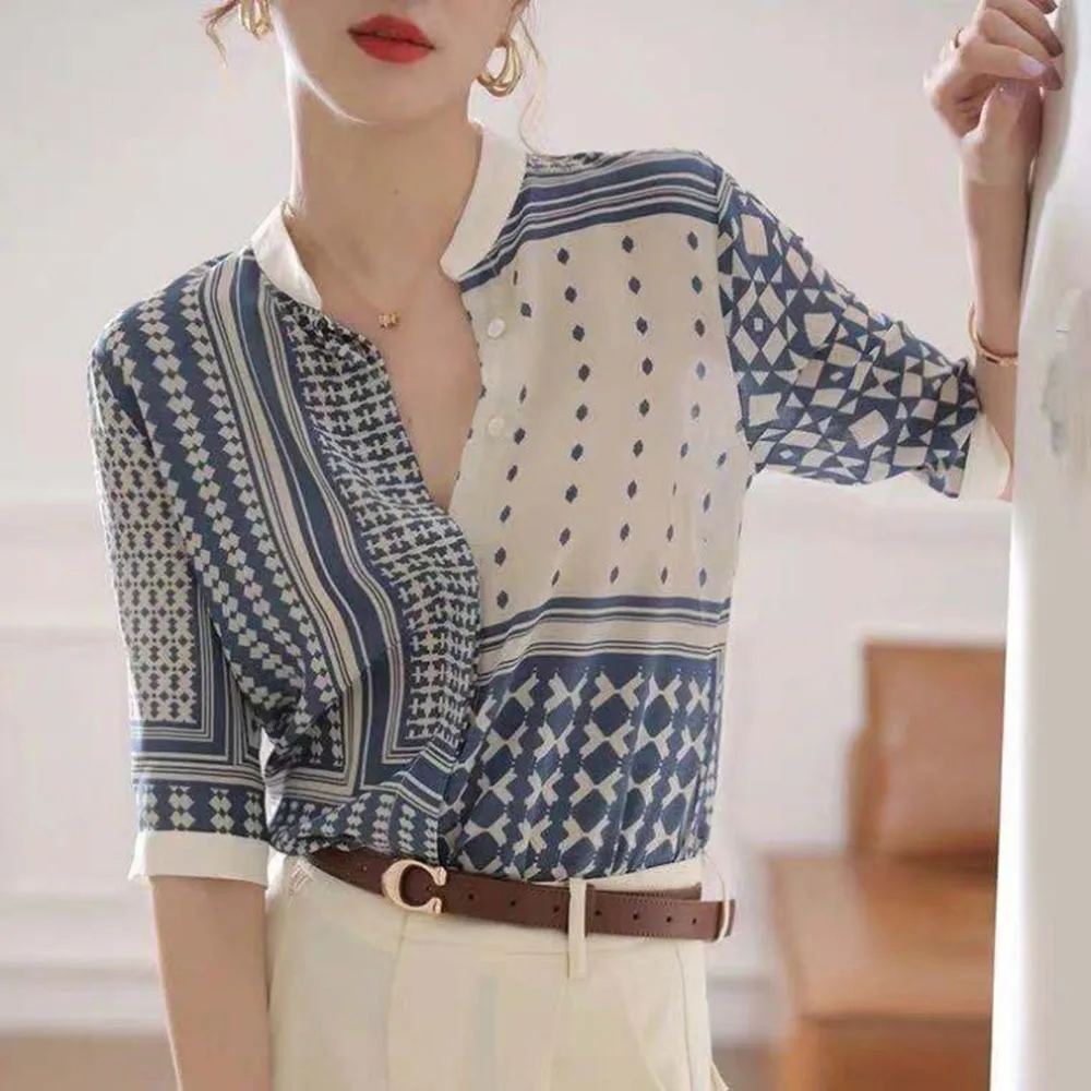 2024 Spring Summer Shirt Women's Stand Up Neck Vintage Checkered Stripe Blouses Ladies Elegant Ice Silk Tops Female Casual Blusa