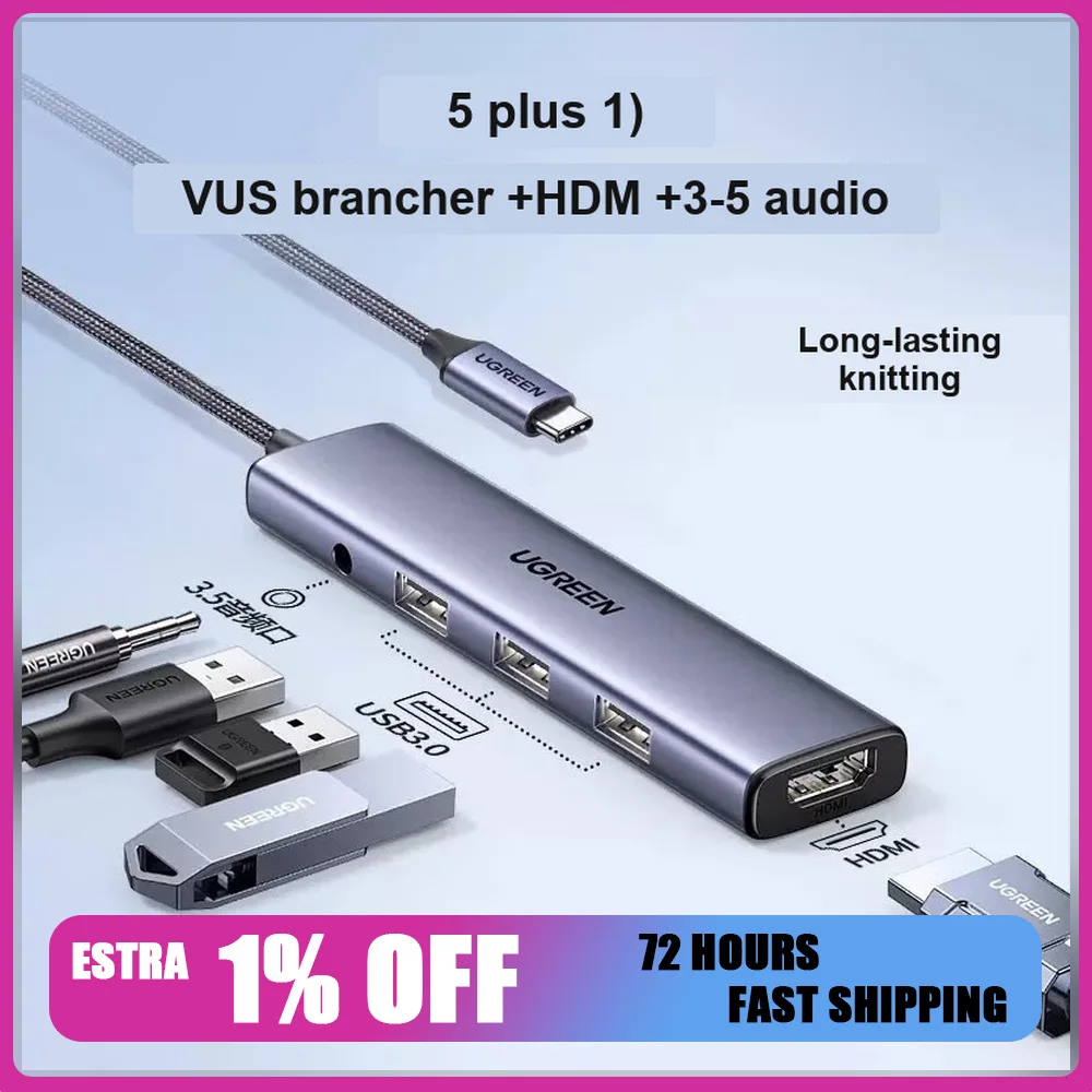 UGREEN CM478 90881 USB C Hub 5 in 1 Docking Station HDMI 3 USB 3.0 3.5mm Audio Type C Adapter