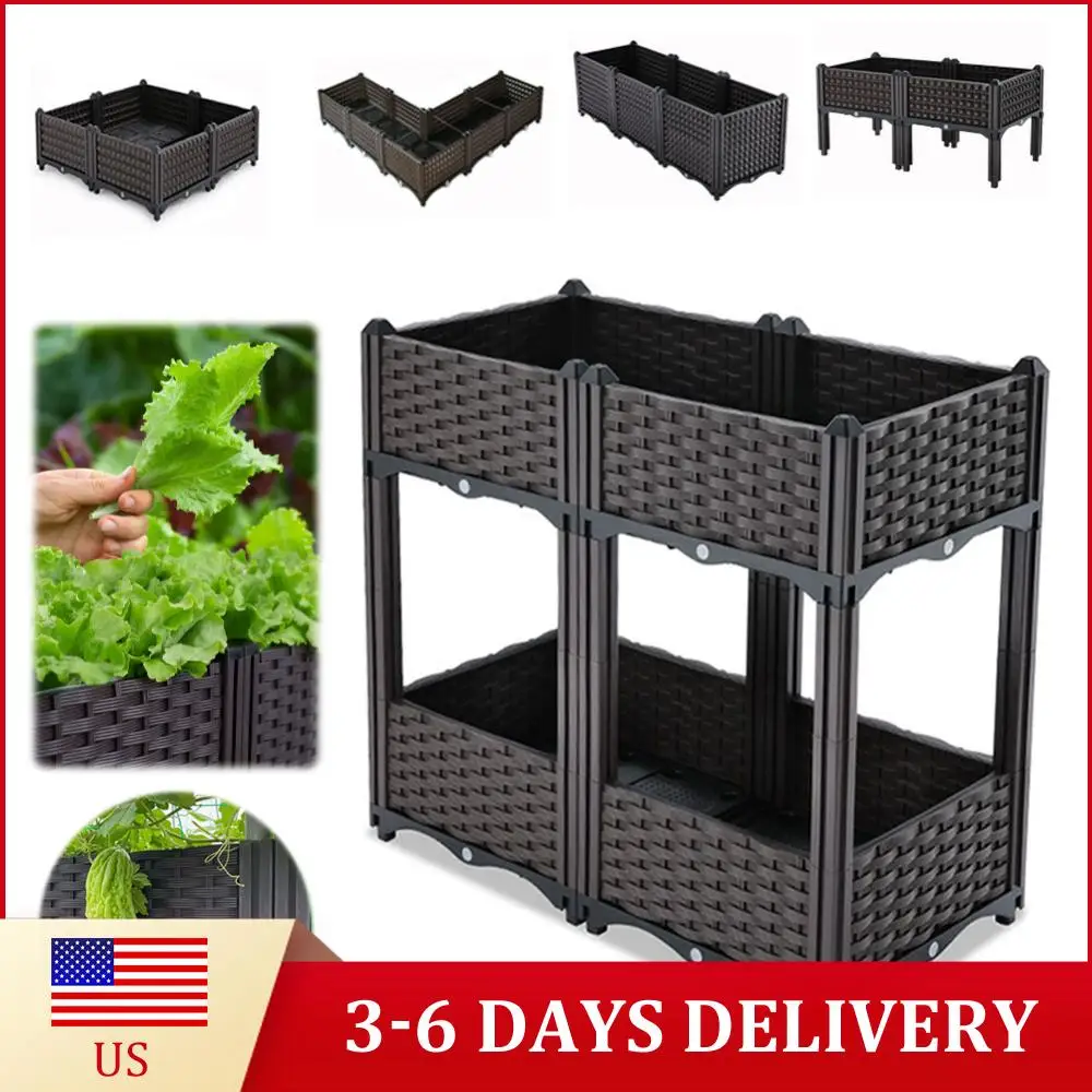 

2 Tier Plastic Planter Box with Water Storage Tray Raised Garden Bed Reusable Elevated Plant Pots for Flowers Tomato and Herbs
