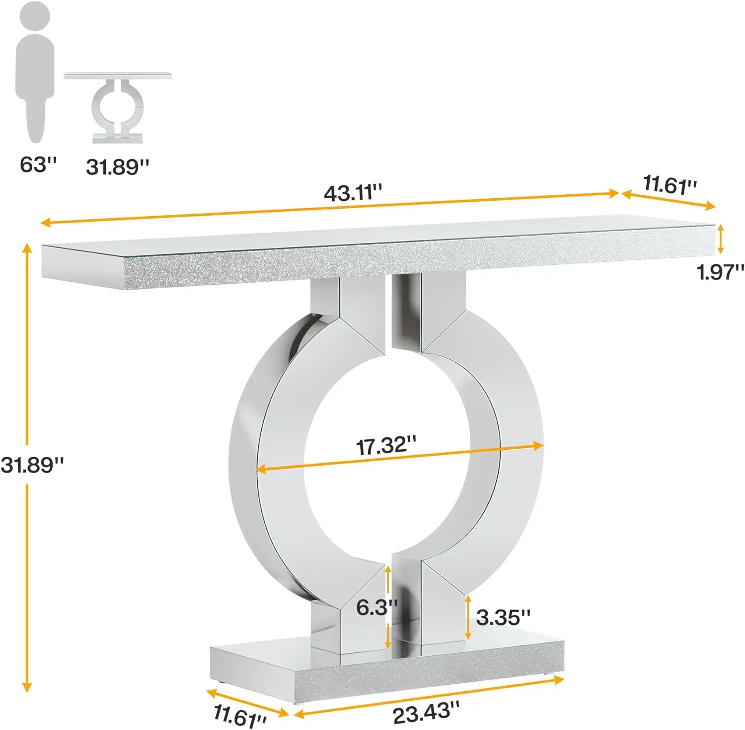 Mirrored Console Table with O-Shaped Base, 43-Inch Modern Entryway Glass Sofa Table with Mirror Finish for Living Room, Silver