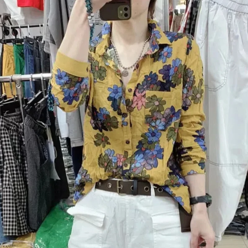 Fashionable Retro Spring and Autumn New Blouses Women\'s Polo Collar Spliced Pocket Printed Loose Long Sleeve Button Cotton Shirt