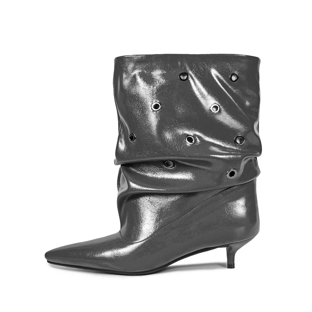 PU Leather Pointed Toe Mid-Calf Metal Circles Hollow Women Boots Kitten Middle Heels Slip On Design Large Size Shoes