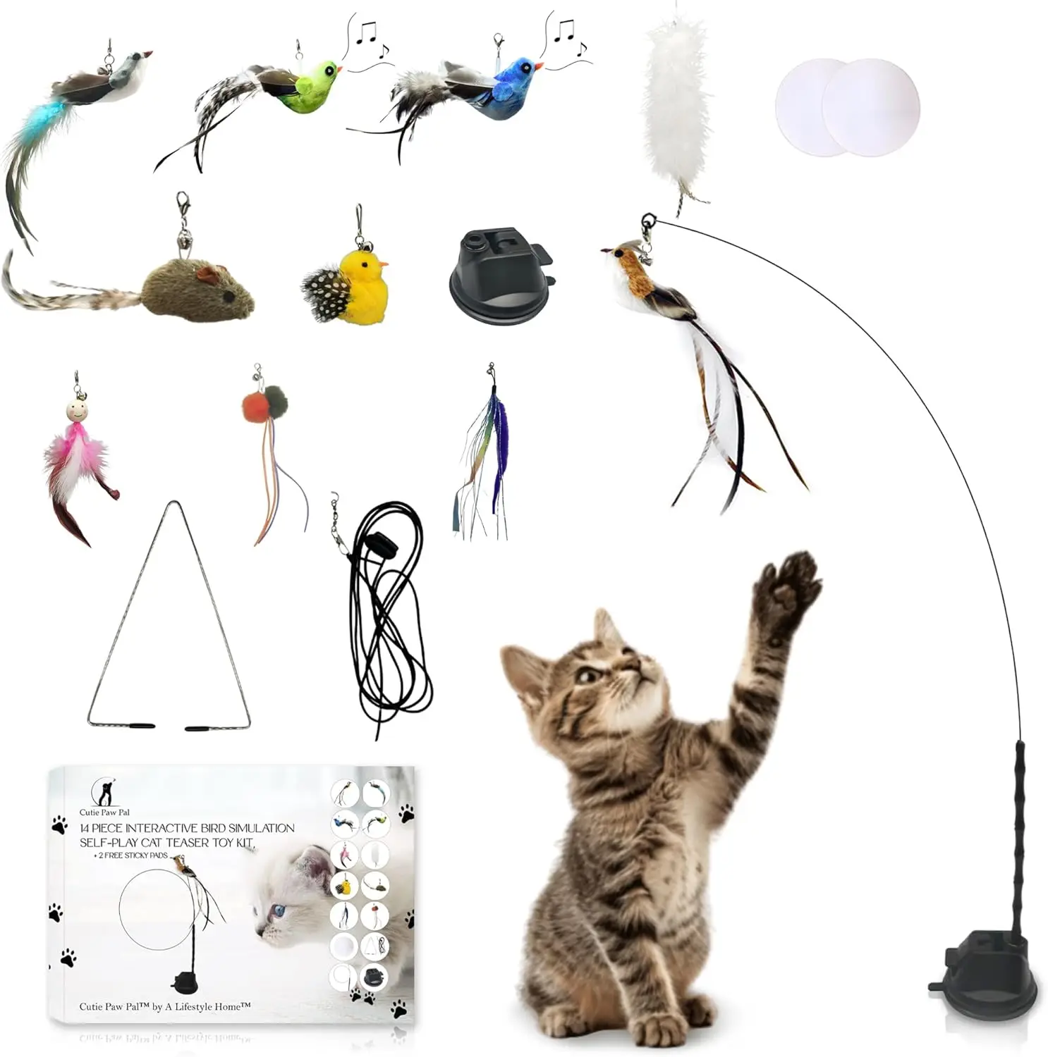 

Interactive Cat Toy Set with Feathers and Bells, Suction Cup Design for Indoor Play - Includes 2 Free Pads