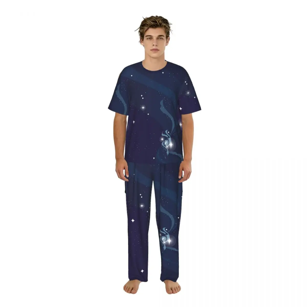 

Men Pajamas Set Abstract Universe With Stars Short Sleeve Spring Summer Lounge Sleepwear Male Nightwear