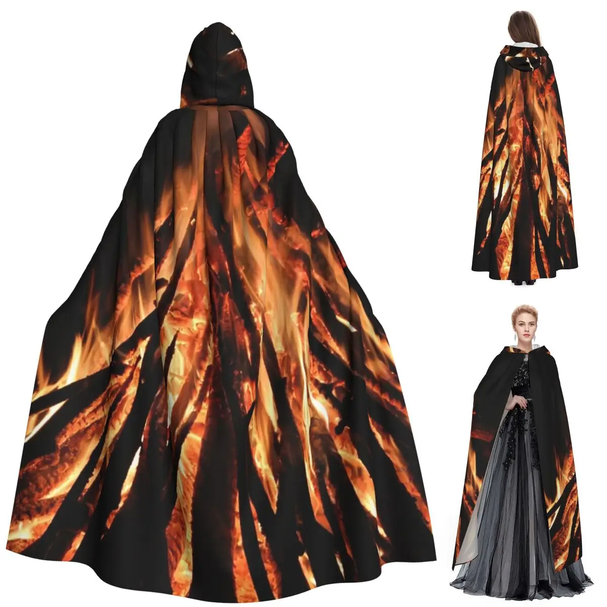 Bonfire Patterns Long Hooded Cloak Witch Medieval Costume Cosplay Cape