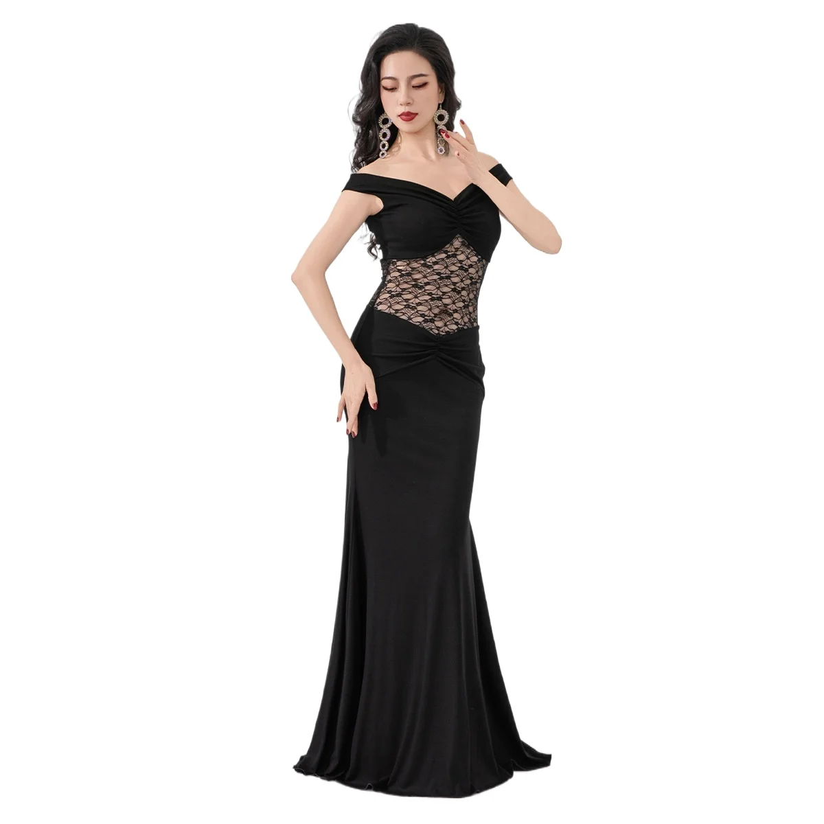 

New Design Belly Dance Elegant Deep V Neck Dress Fashionable Versatile Outfit for Oriental Dance Practice and Daily Wear Ladies
