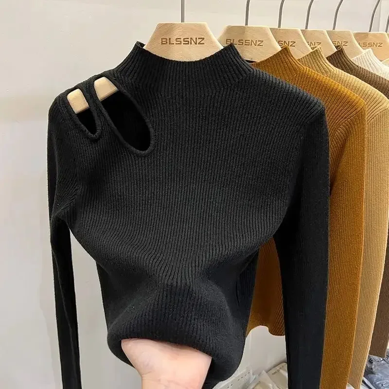 

2025 Hollow-out Turtleneck Knitted Women Sweater Ribbed Pullovers Autumn Winter Basic Women Sweaters Fit Soft Warm Tops