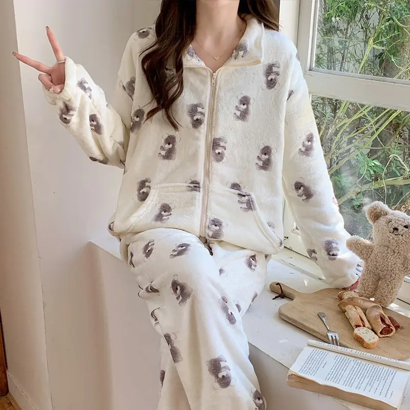 2024 New Pajamas Women Autumn Winter Flannel Plus Velvet Thickened Sweet Homewear Suit Female Loose Lapel Cartoon Sleepwear Set