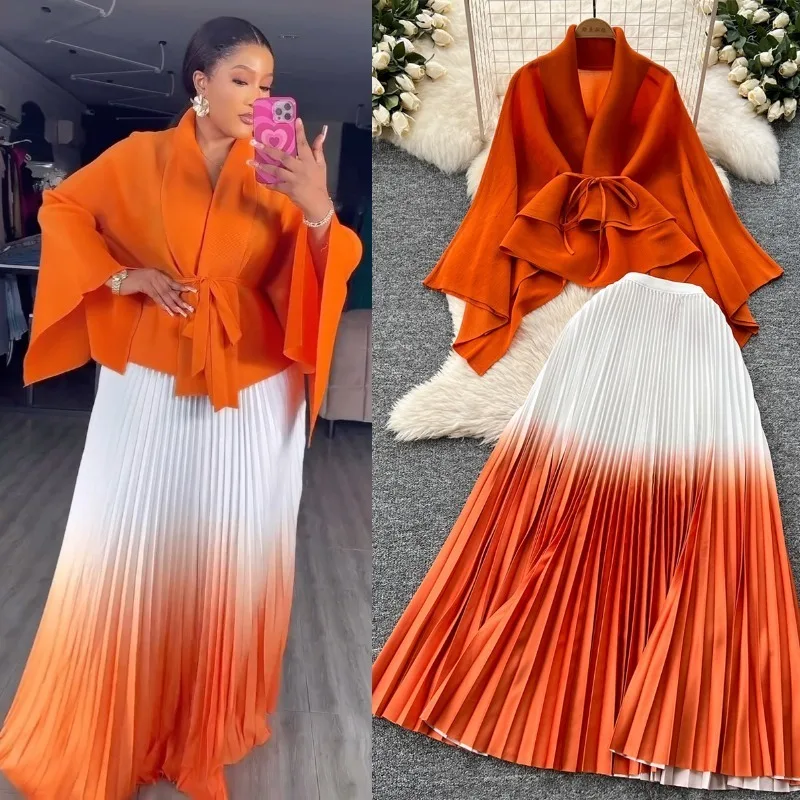 Miyake plissado conjunto de saia feminina 2026 europeu médio oriente novo plus size cardigan feminino superior plissado elástico saia longa 2 peças