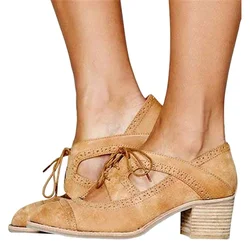 Oxford Shoes for Women Heels for Women Chunky Heels Brogue Leather Saddle Dress Shoes Lace Up Vintage Wingtip Ankle Boots