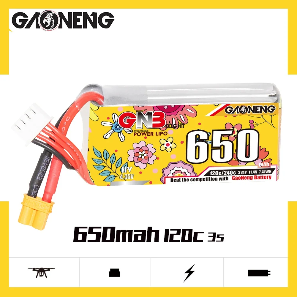 

Аккумулятор GAONENG GNB 650 мАч HV 3S 120C 240C 11,4 в XT30 LiPo Cinelog Cinewhoop радиоуправляемая игрушка маленький вертолет Квадрокоптер