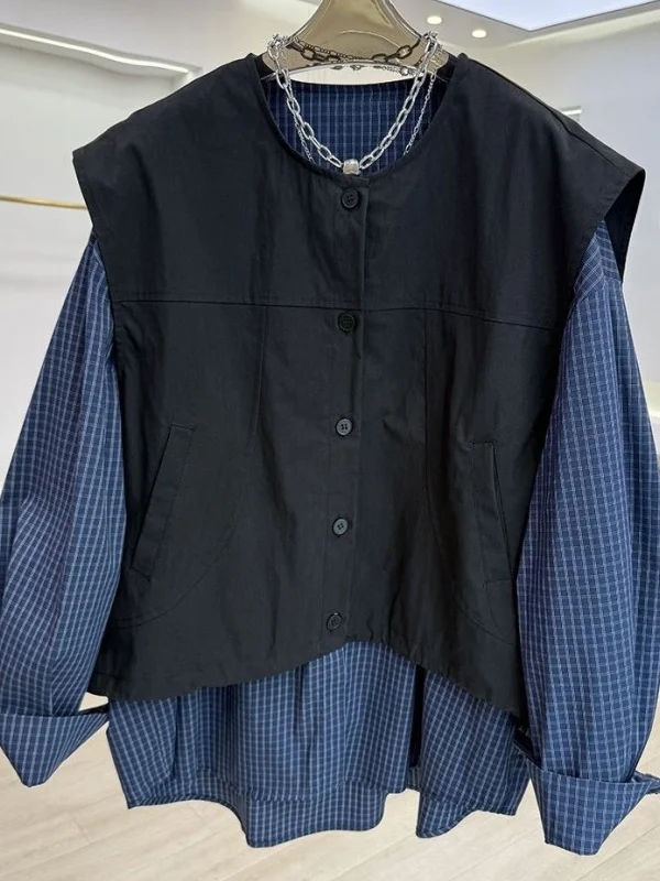 

Large Size 300 Pou Plaid irt Casual Spring Autumn Sle Men Women Dongda Gate Leisure Top Fake Two-Piece Button Design