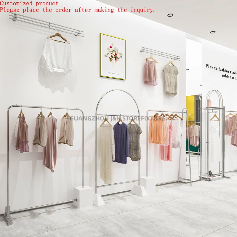 

Wall Mounted Silver Rack Clothing Store Display Stand Boutique Decoration Clothing Shop Shelf Metal Garment Display Rack
