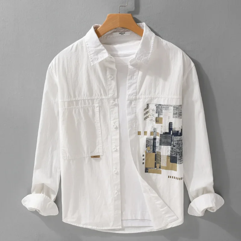 

Spring Summer New White Shirt Men Japanese Streetwear Fashion Patchwork Tops 100% Cotton Long Sleeve Man Shirts Casual Shirts