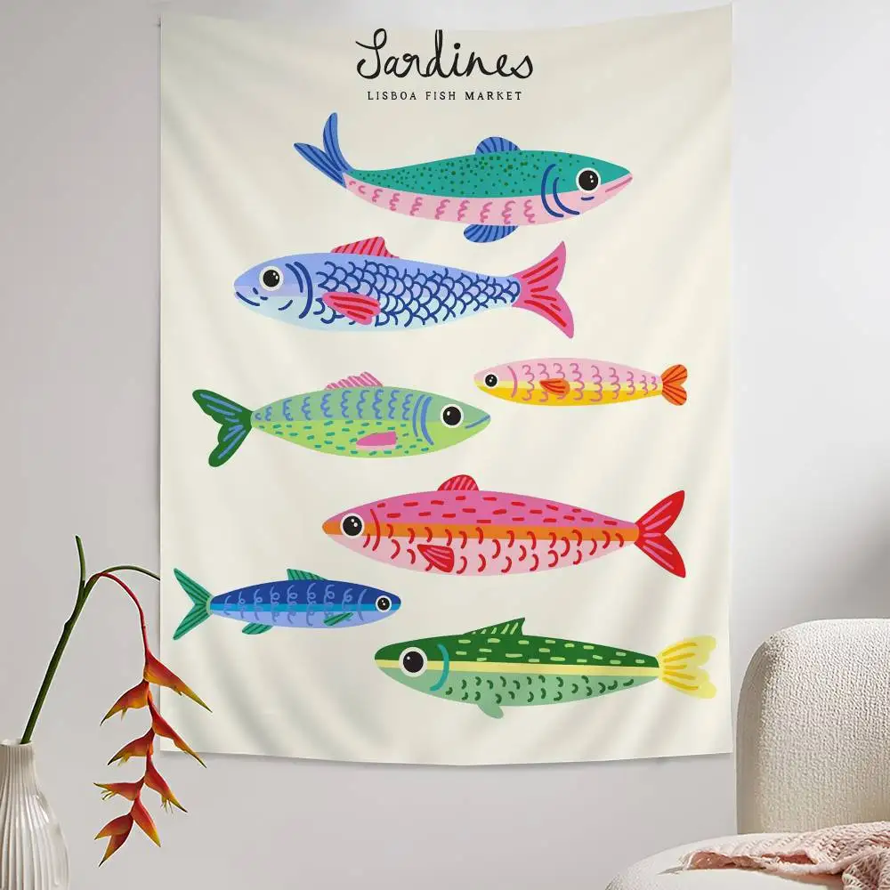 Colorful Sardine Fish Ocean Cartoon Tapestry Wall Hanging Decoration Household Home Decor