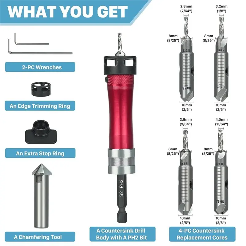 

【HOT ITEMS】Countersink Drill Bits Set- Screwdriver Bits Included, 2.8/3.2/3.5/4.0Mm Drilling Diameters& 8/10 Mm Counter Sink Siz
