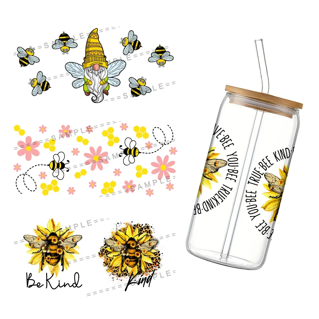 Honeybee UV DTF Cup Wrap for 16Oz Libbey Floral Glass Can DIY Transfer Sticker Sunflower