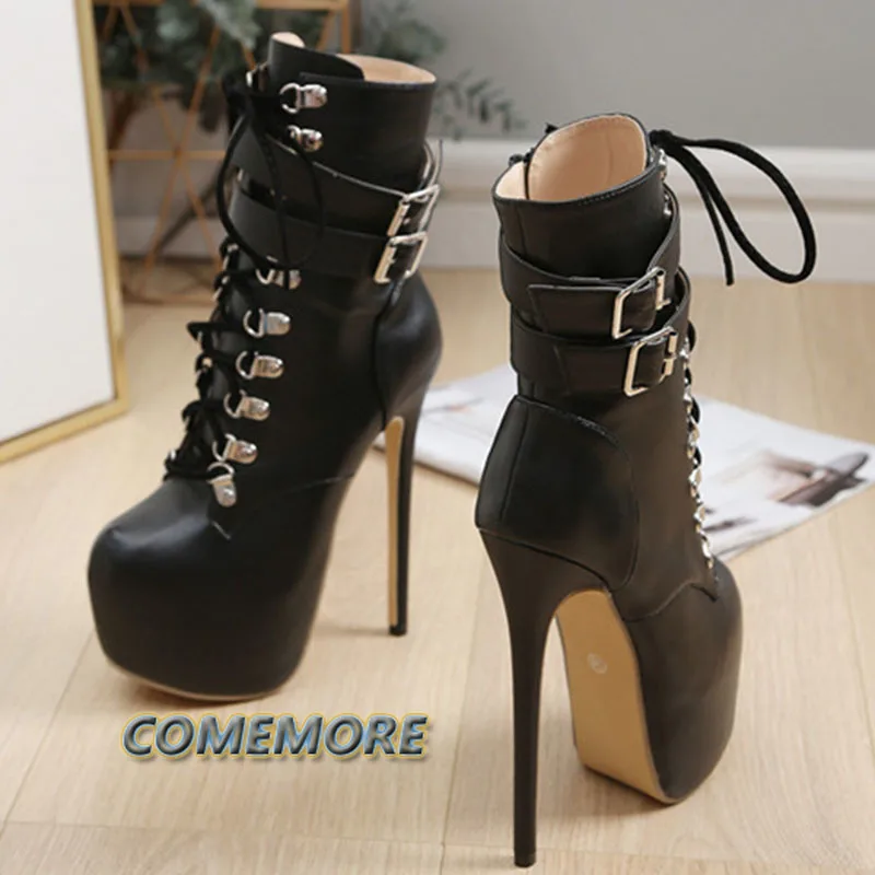 Autumn Winter Platform Knight Boots for Women Sexy Round Toe Buckle Strap Pole Dance High Heel Pumps Fashion Lace-Up Runway Shoe