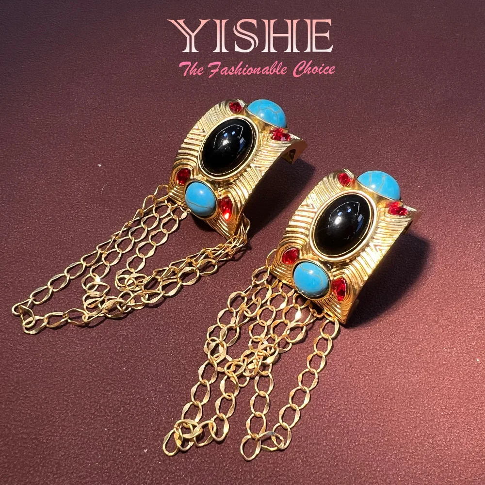 Western antique vintage tassel C-shaped earrings turquoise copper plating real gold marking fashion personality medieval style