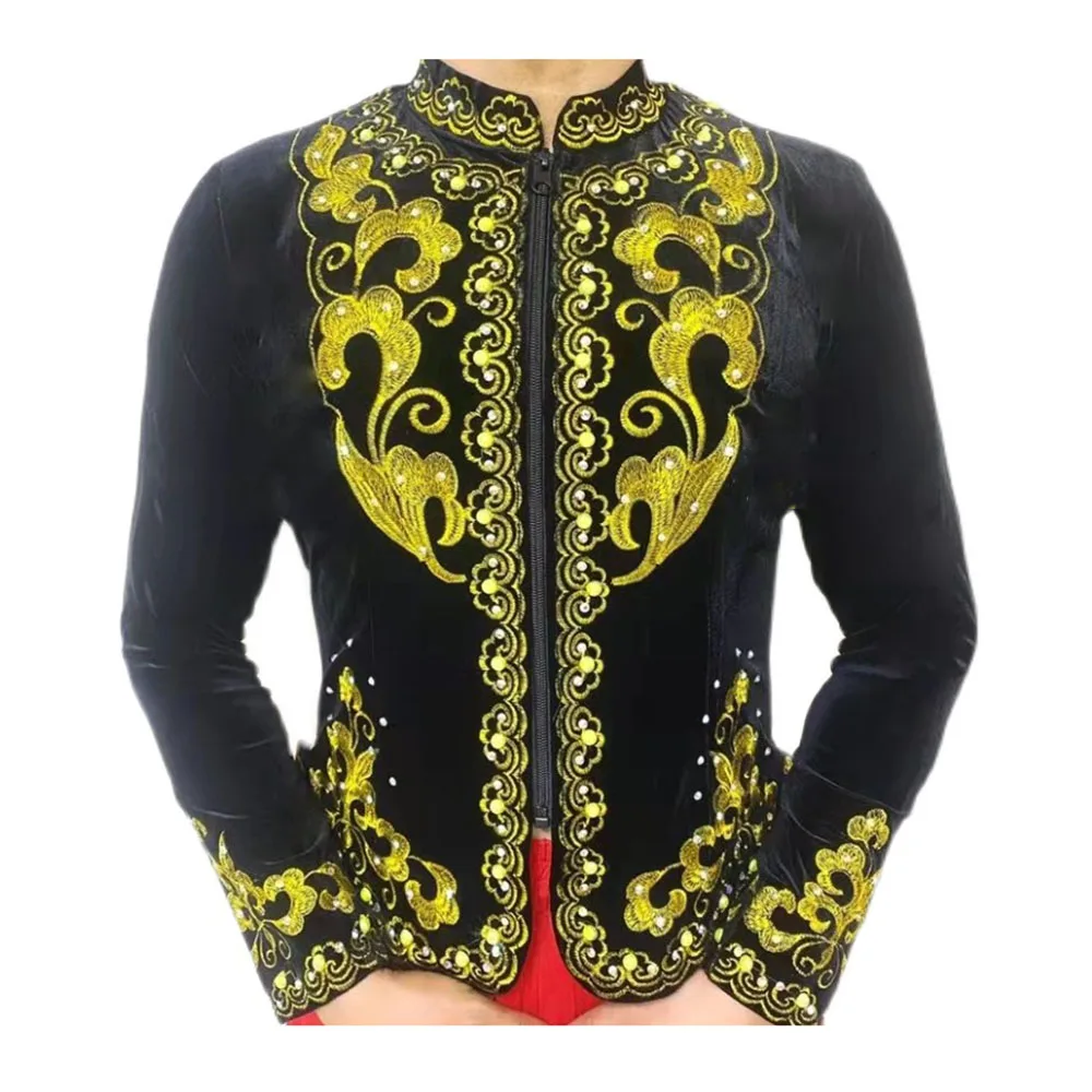 Fashionable Slim Fitting Elastic Ethnic Minority Dance Clothing, Men Golden Velvet Embroidered Diamond Top Long Sleeved Vest