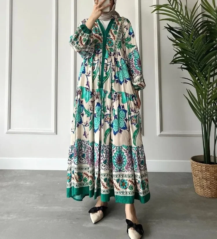 2024 Casual Autumn Women Dress Vintage Printed Ethnic Large Swing Dresses Loose V Necked Long Sleeved Robe Party Elegant Vestido