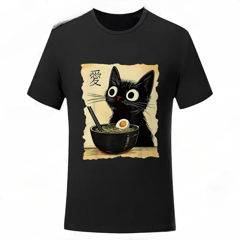 القط رامين نمط لطيف هريرة تناول الشعرية المرأة طباعة تيشيرت صيفي موضة ريترو نبض si الزي الملابس الجمالية Y2K