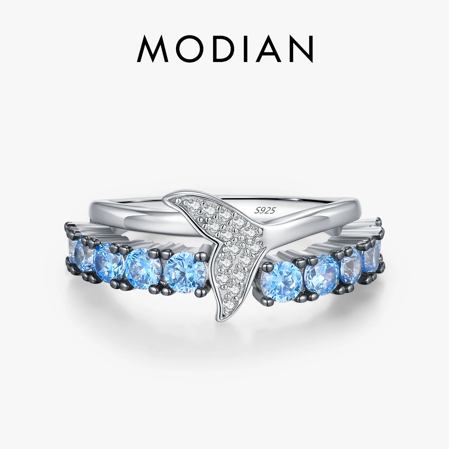 MODIAN 925 Sterling Silver Blue Zirconia Mermaid Tail Ring Exquisite Band Jewelry Original for Women Punk Romantic Daily Gifts