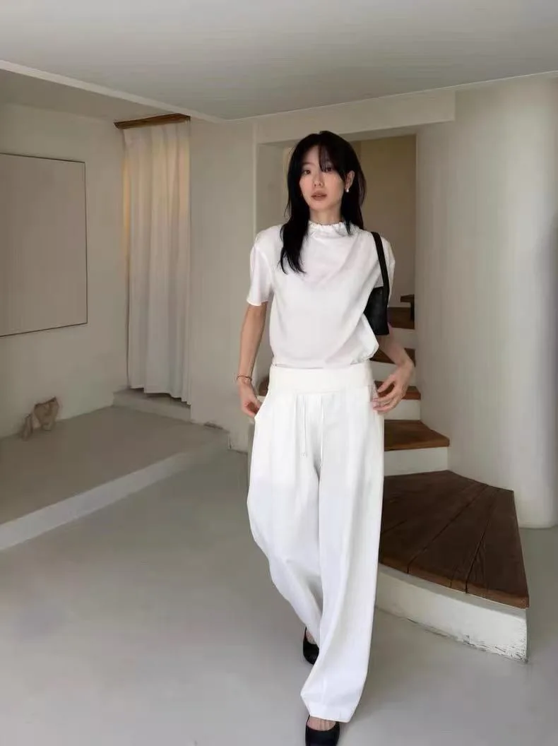 

Весенне-летняя тонкая рубашка с коротким рукавом, топ, повседневные брюки с высокой талией, женская удобная дышащая блузка прямого кроя в стиле Moia