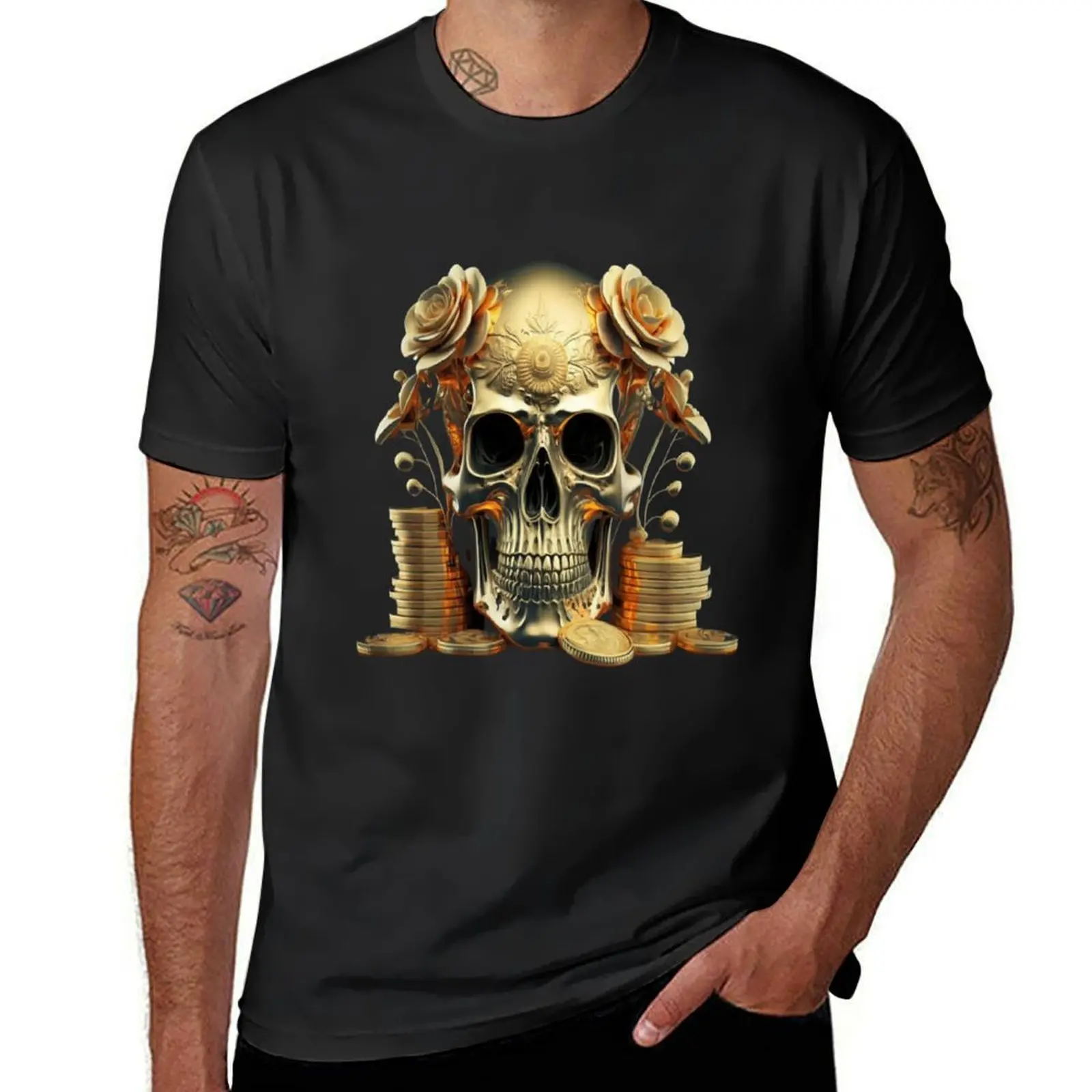 Skull adorned with intricate golden flowers T-Shirt Aesthetic clothing new edition oversizeds anime clothes Men's t-shirts