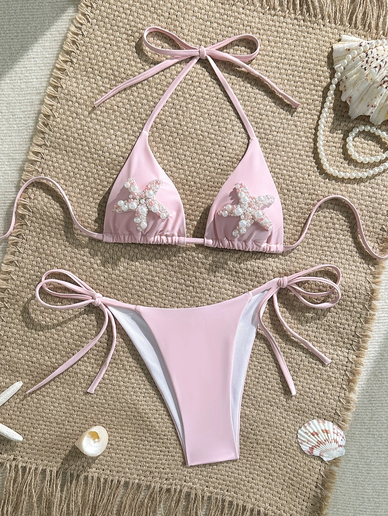 

Сексуальный розовый комплект бикини 2026: женский купальник с жемчугом и морскими звездами, бюстгальтер пуш-ап, стринги, пляжный купальный костюм для отпуска