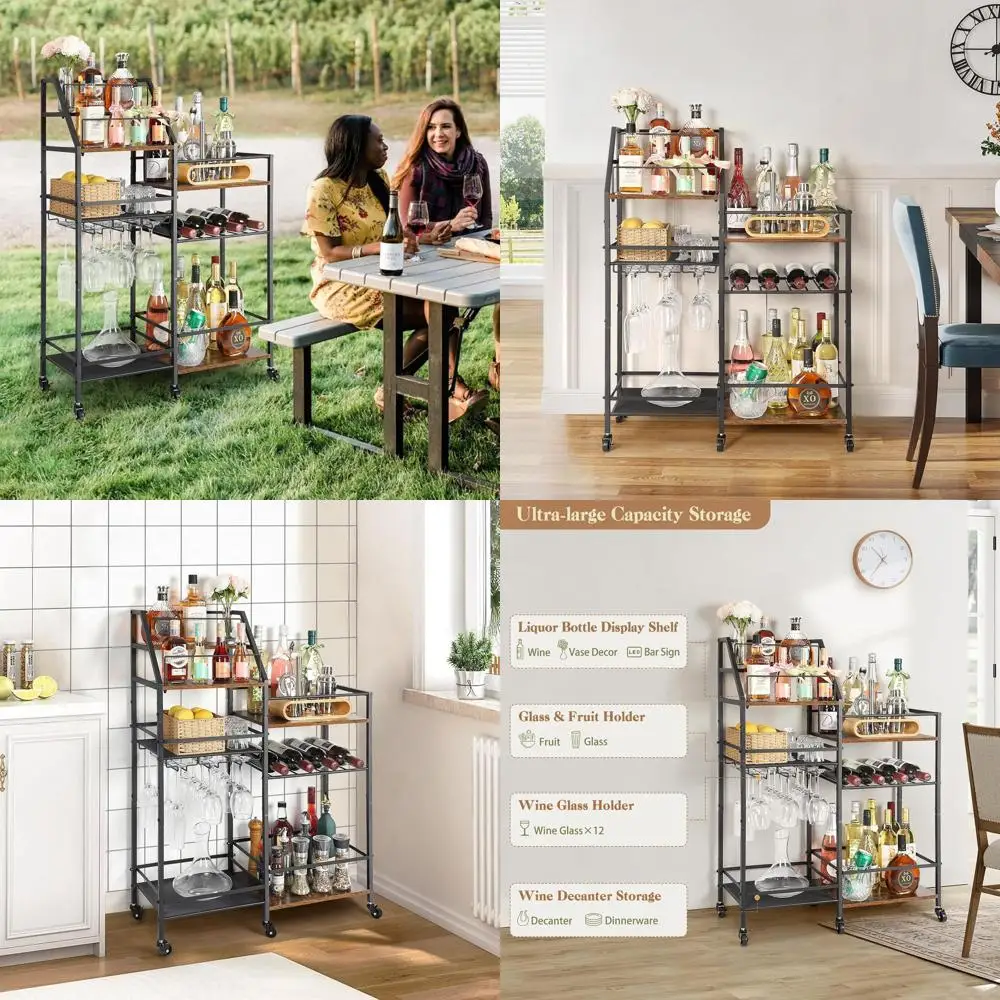 

Compact Wine Cart with Glass Rack, Portable Bar Trolley for Whiskey and Liquor, Home Bar Cabinet for Kitchen and Dining Area