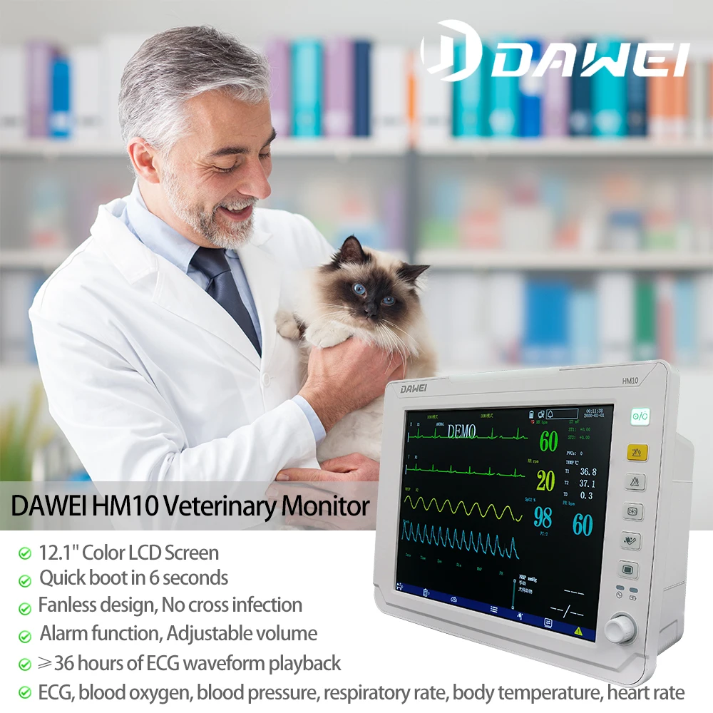 12.1-inch Display PET Vet Patient Monitor Multiparameter ICU Machine with ETCO2, Veterinary ECG, SPO2.HR, NIBP, RESP, Temp for C