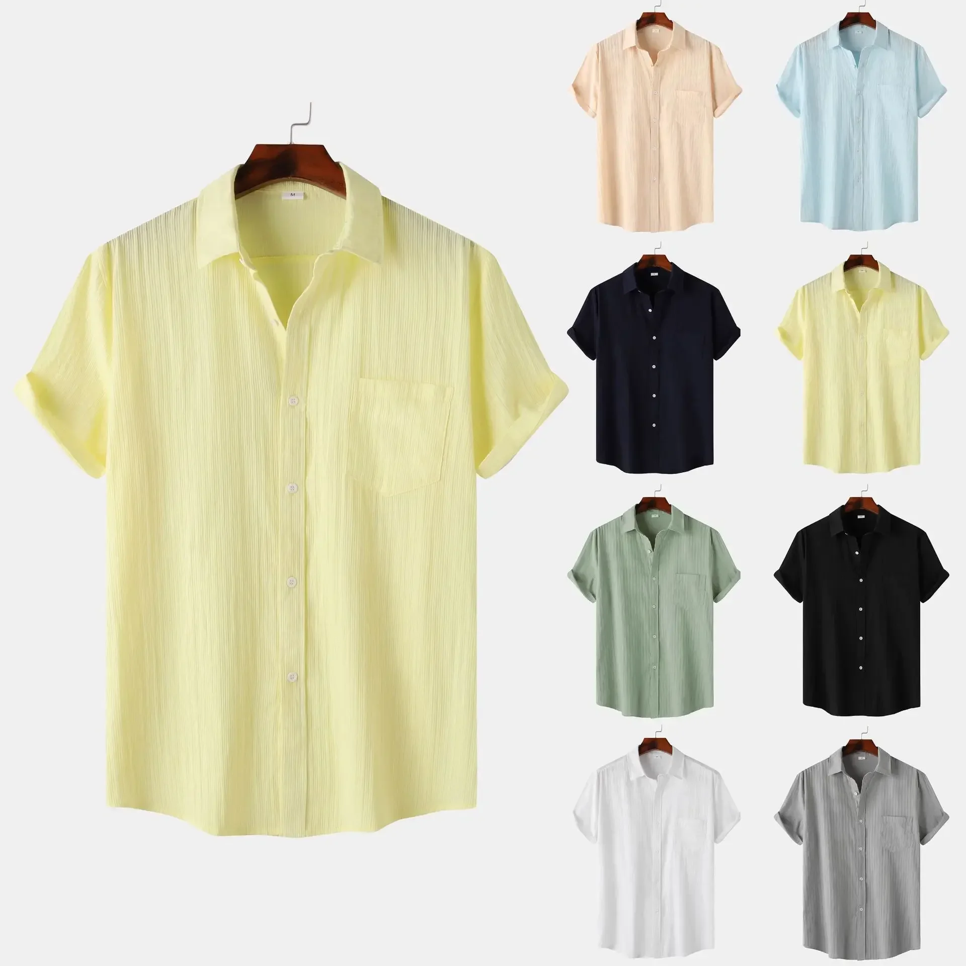 Summer New Mens Top Small Fried Dough Twists Solid Short Sleeve Commuter Casual Shirts for Men