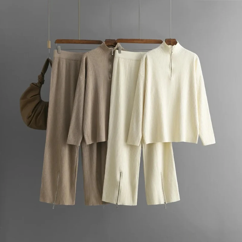 

New in Knitted Elegant Women's Tracksuits Zipper Sweater Two Pieces Sets Office Oversized Pullover Wide Leg Pants Sets for Women