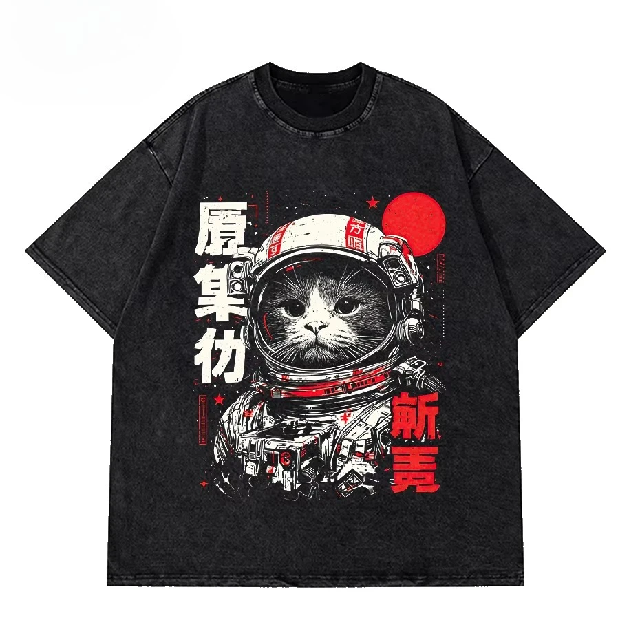 Space Cat Courage Japanese Retro Astronaut Cat Washed Cotton T‑shirt Unisex Oversized Short Sleeve Streetwear Casual Tops