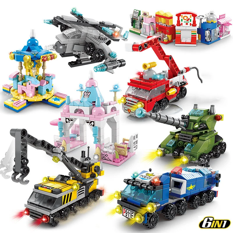 

6in1 Building Blocks City Fire Car Police Truck Engineering Crane Tank Helicopter Bricks Set Toys For Children Kids