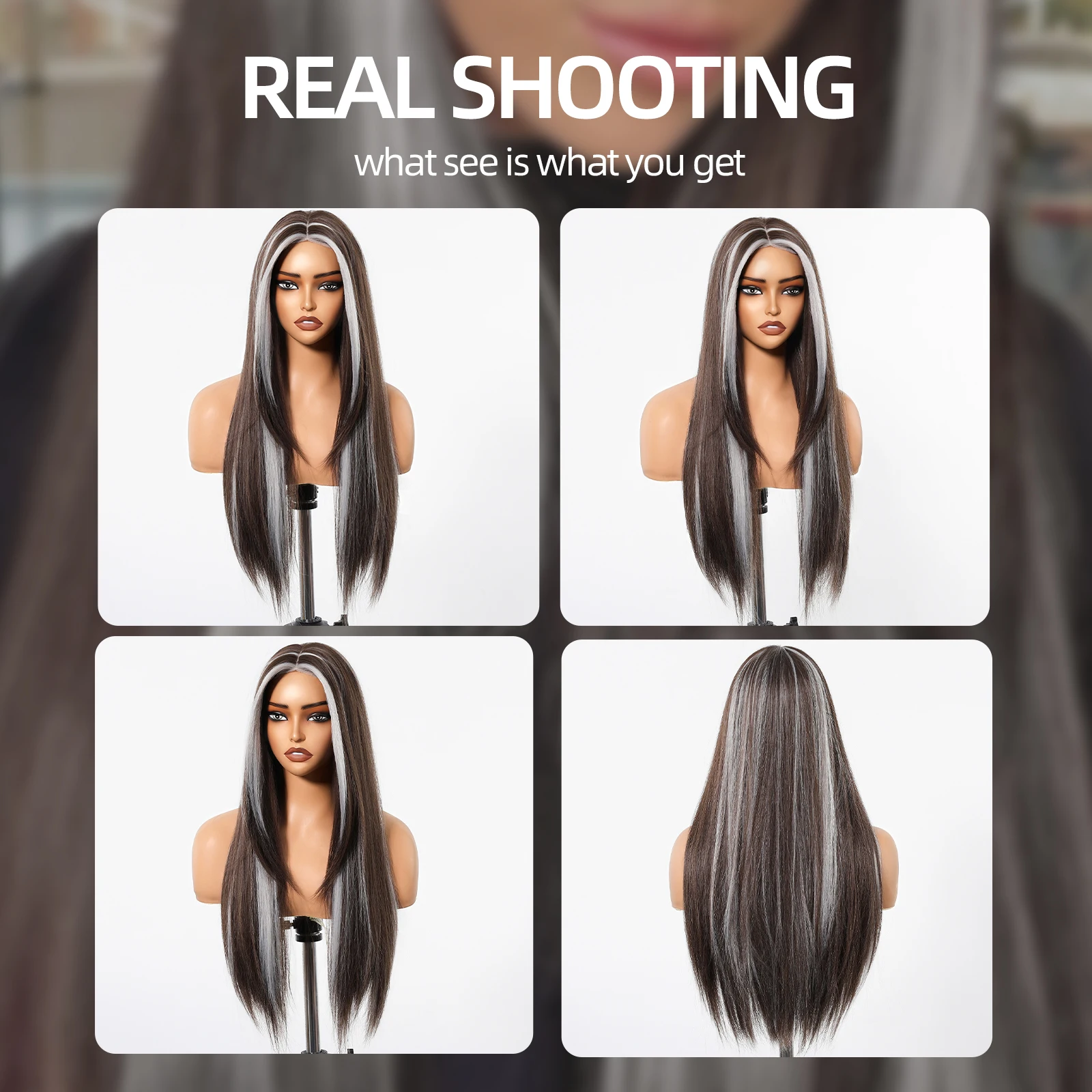DWY Long Straight Synthetic Lace Wigs for Women Dark Brown with White Highlight Layered Wig Lace Front Natural Hairline Cosplay