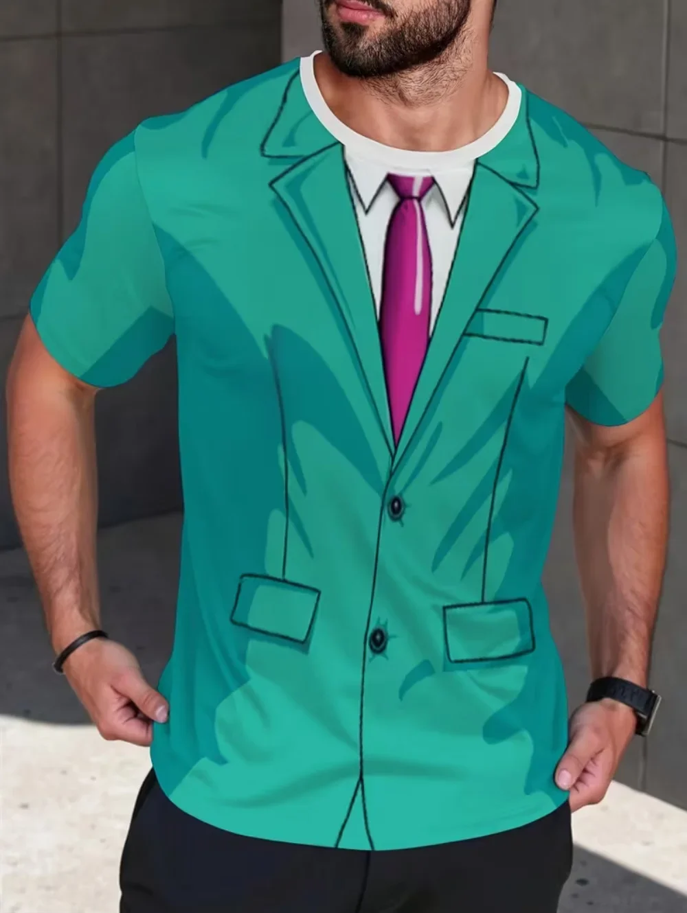 Fake Suit Pattern T-Shirt Herren Cosplay 3D-Druck T-Shirts Lustige lebensechte Fliege Mode Street Herren Oversize Kurzarm-Oberteil – Detail 3